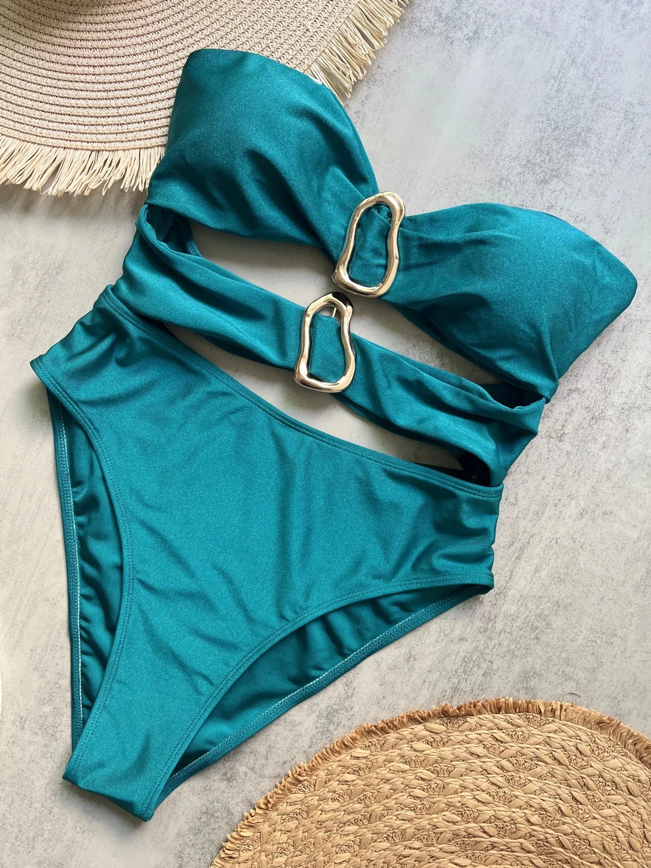 3 Colors Sexy Metal Rings Cut Out Women Swimwear One Piece Swimsuit Female Bandeau High Leg Cut Bather Bathing Suit Swim B022D