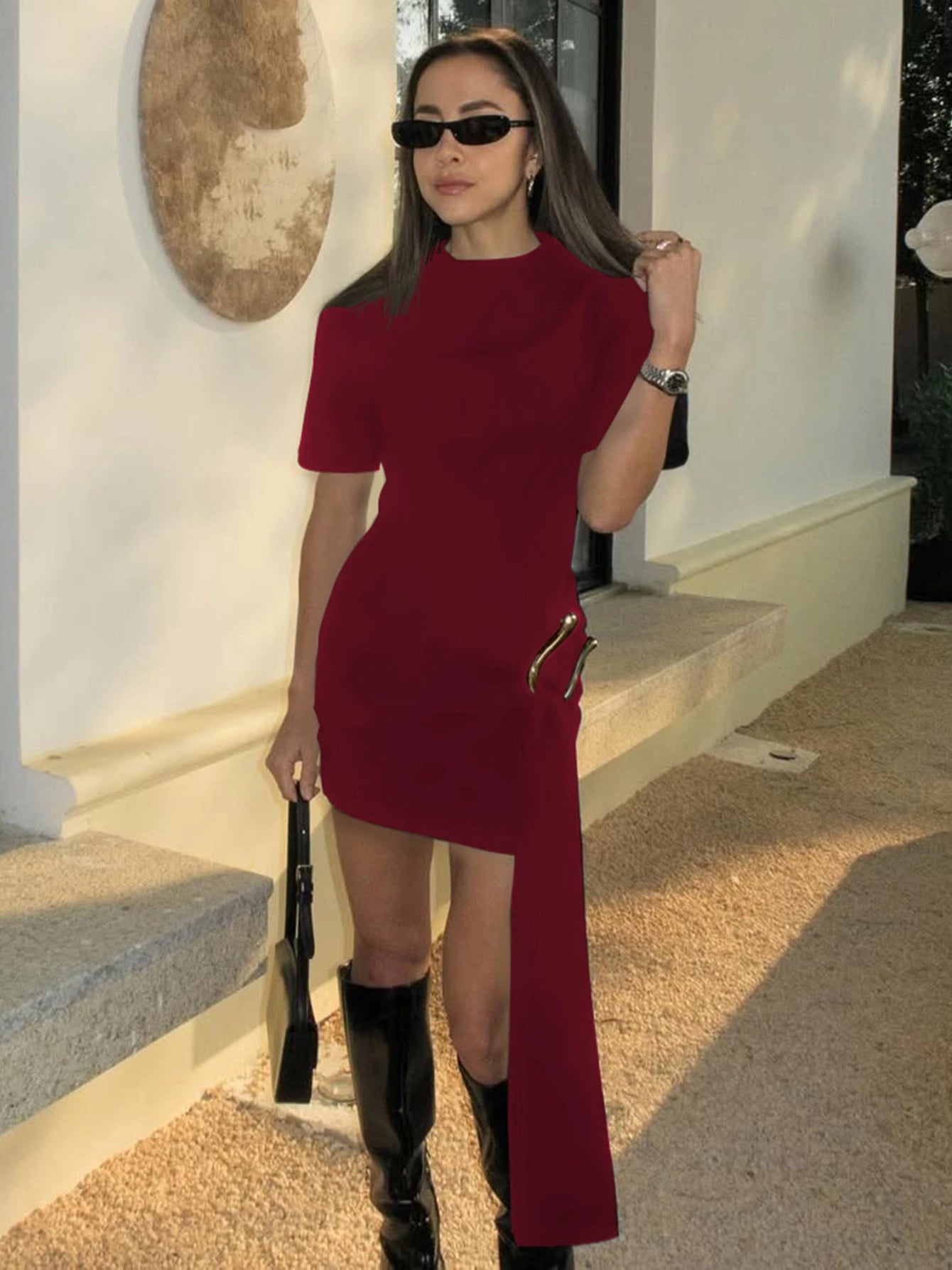 Dulzura O-Neck Short Sleeves Lace Up Bodycon Metal Button Mini Dress Solid Casual Elegant Short Dress Club Streetwear Outfit