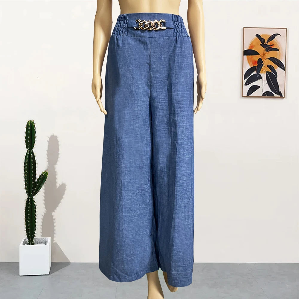 High Waist Solid Color Wide Leg Pants Summer Chic Loose Elegant Metal Flared Pant Office Ladies Straight Holiday Women Trousers