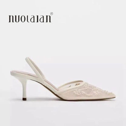 Brand Designer White Women Pumps Mesh Embroidered Flowers Back Strap Sexy Slingback High Heels Dress Wedding Shoes for Ladies
