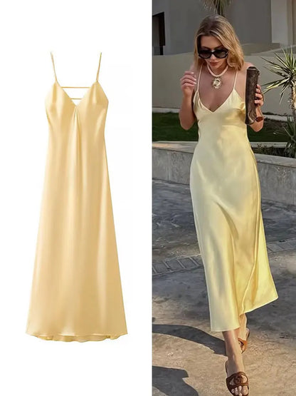 HH Women Summer Yellow Stain V Neck Sling Dress Elegant Sleeveless Loose Maxi Robes 2025 New Ladies Party Holiday Dresses