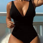 Contrast Mesh One Piece Swimsuit, V Neck Solid Color Backless Tummy Control High Cut Bathing Suit, Women's Swimwear & Clothing