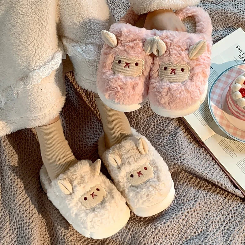 Women Lovely Sheep Fluffy Slippers Men Fashion Animals Non-slip Plush Slides Lovers Soft Warm Cartoon House Shoes For Winter