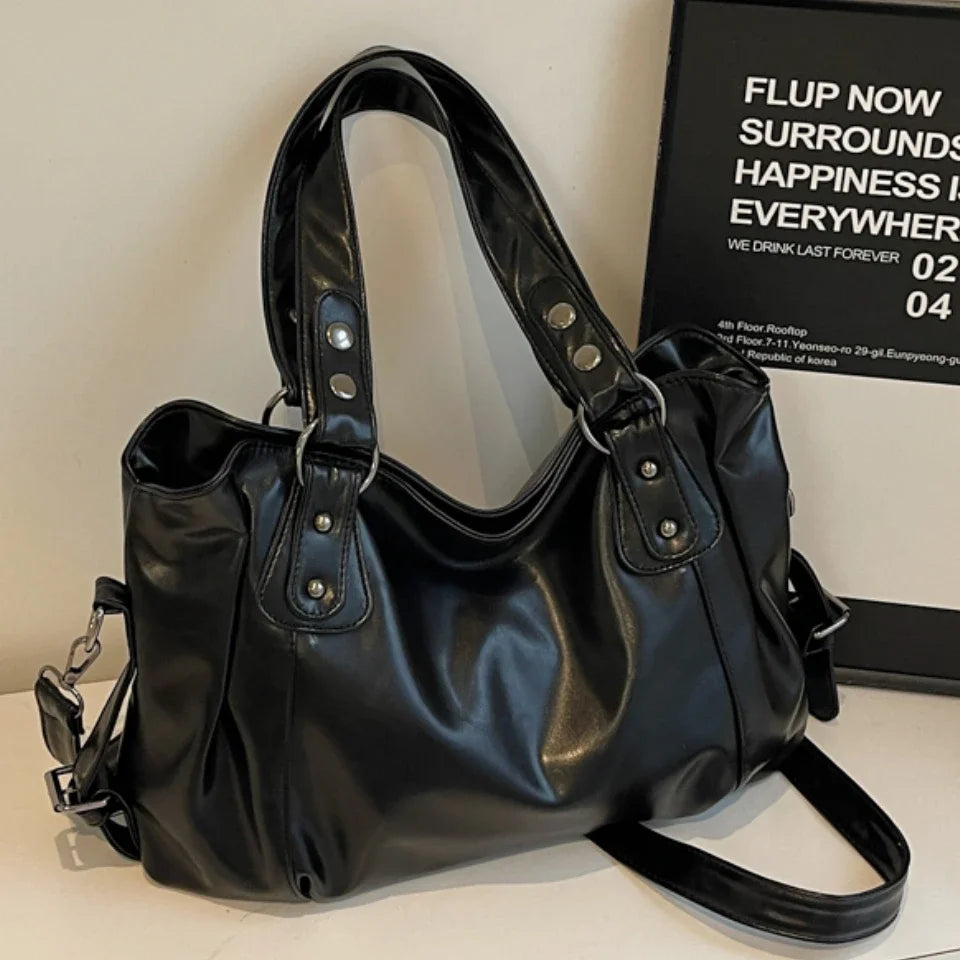 Bolso de hombro espacioso de marca retro para mujer, bolso cruzado clásico de lujo de color sólido, bolso de mano de cuero PU suave de gran capacidad.