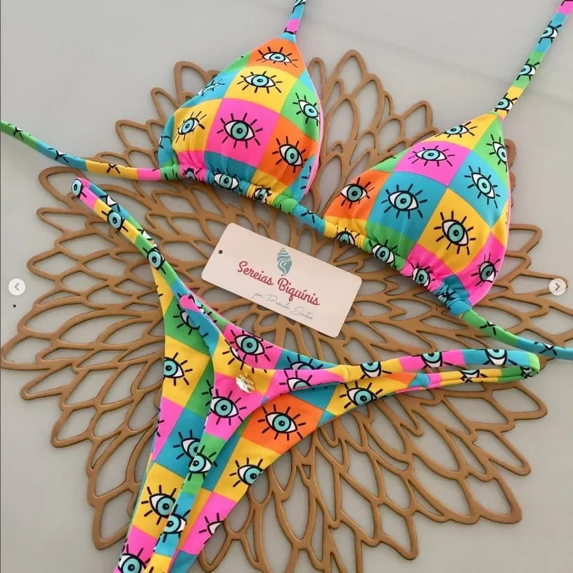 Print Sexy Bikini Sets Halter Lace-up Tops Thongs Beach Style Bathing Suit Y2k Swimsuits Women Beachwear Купальник Женский 2025