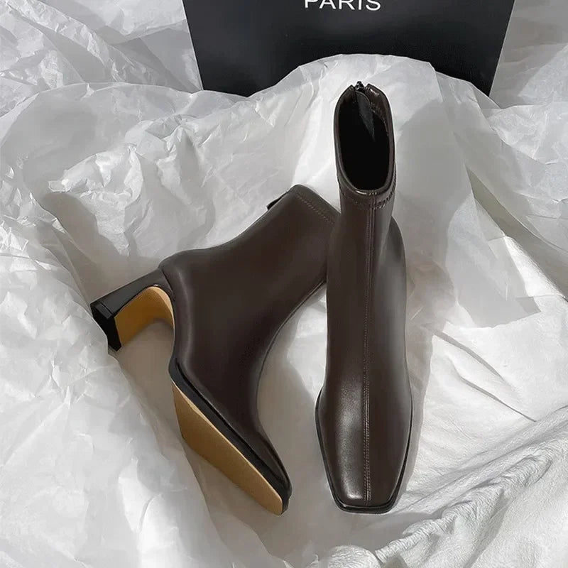 Botines de mujer vintage de algodón cálido, elegantes y a la moda, con punta cuadrada, tacón grueso, ideales para otoño e invierno.