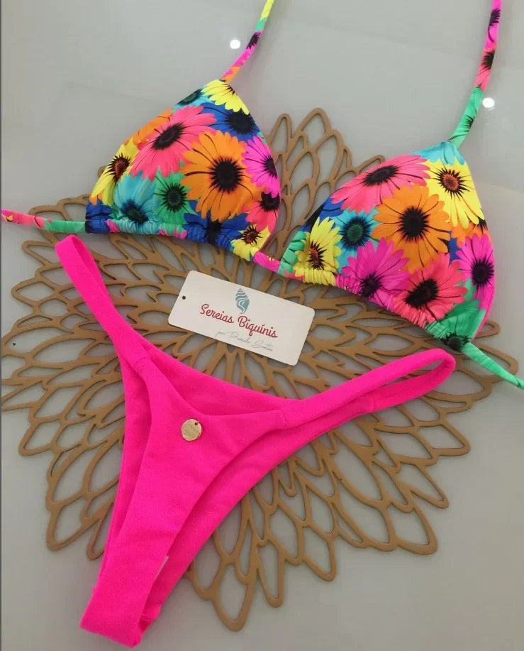 Print Sexy Bikini Sets Halter Lace-up Tops Thongs Beach Style Bathing Suit Y2k Swimsuits Women Beachwear Купальник Женский 2025