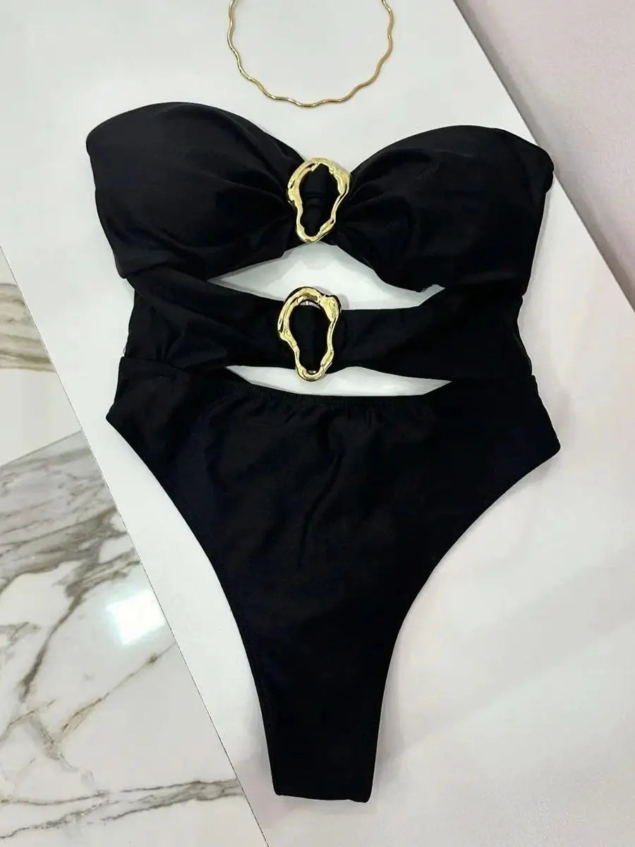 Traje de baño enterizo sexy con anillos metálicos calados en 3 colores para mujer, estilo bandeau, corte alto en la pierna, modelo B022D