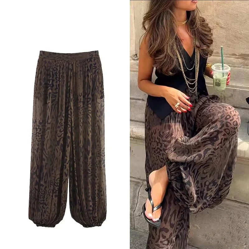 Casual Chic Lantern Pants Women Pant Vintage Animal Printed Translucent Pants Fashion 2025 Autumn Streetwear Trousers