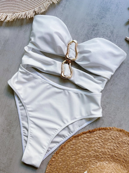 Traje de baño enterizo sexy con anillos metálicos calados en 3 colores para mujer, estilo bandeau, corte alto en la pierna, modelo B022D