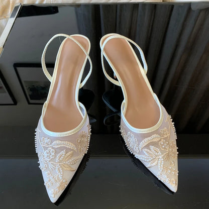 Brand Designer White Women Pumps Mesh Embroidered Flowers Back Strap Sexy Slingback High Heels Dress Wedding Shoes for Ladies