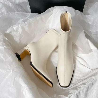 Botines de mujer vintage de algodón cálido, elegantes y a la moda, con punta cuadrada, tacón grueso, ideales para otoño e invierno.