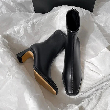 Botines de mujer vintage de algodón cálido, elegantes y a la moda, con punta cuadrada, tacón grueso, ideales para otoño e invierno.