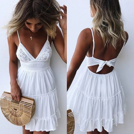 Female New Summer Fashionable Solid Color Dress Sexy Lace Strap Elegant Dresses Splicing Women's Seaside Vocation Wear