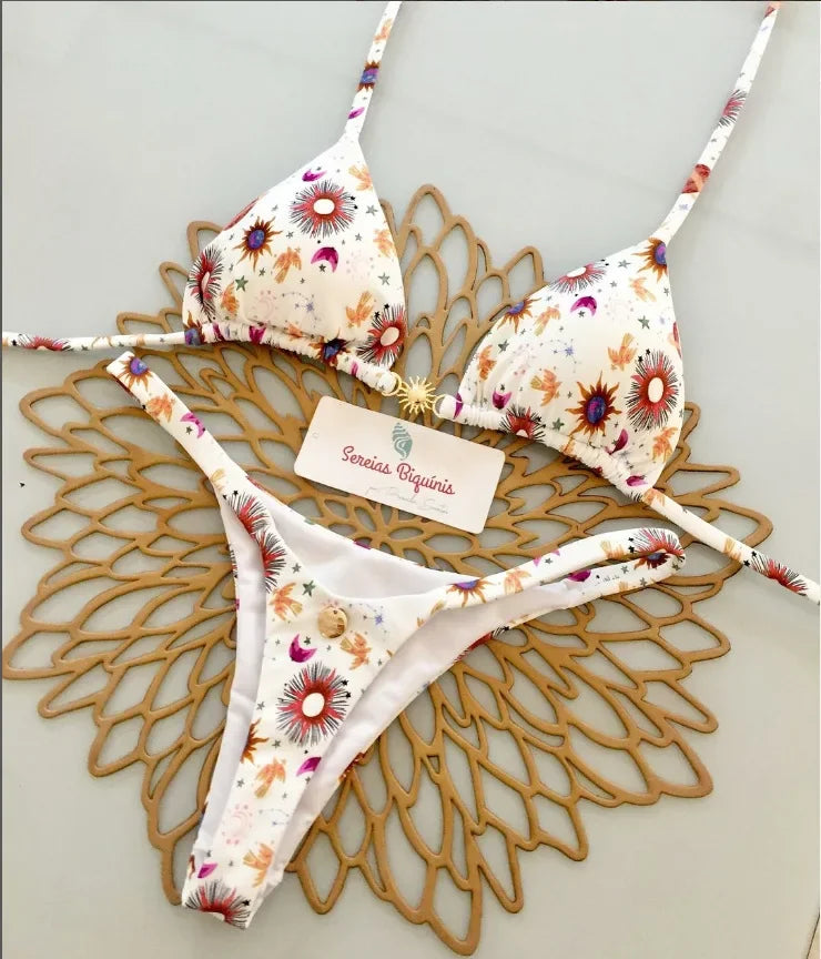 Print Sexy Bikini Sets Halter Lace-up Tops Thongs Beach Style Bathing Suit Y2k Swimsuits Women Beachwear Купальник Женский 2025