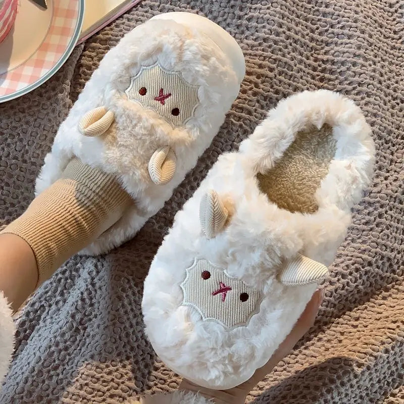 Women Lovely Sheep Fluffy Slippers Men Fashion Animals Non-slip Plush Slides Lovers Soft Warm Cartoon House Shoes For Winter