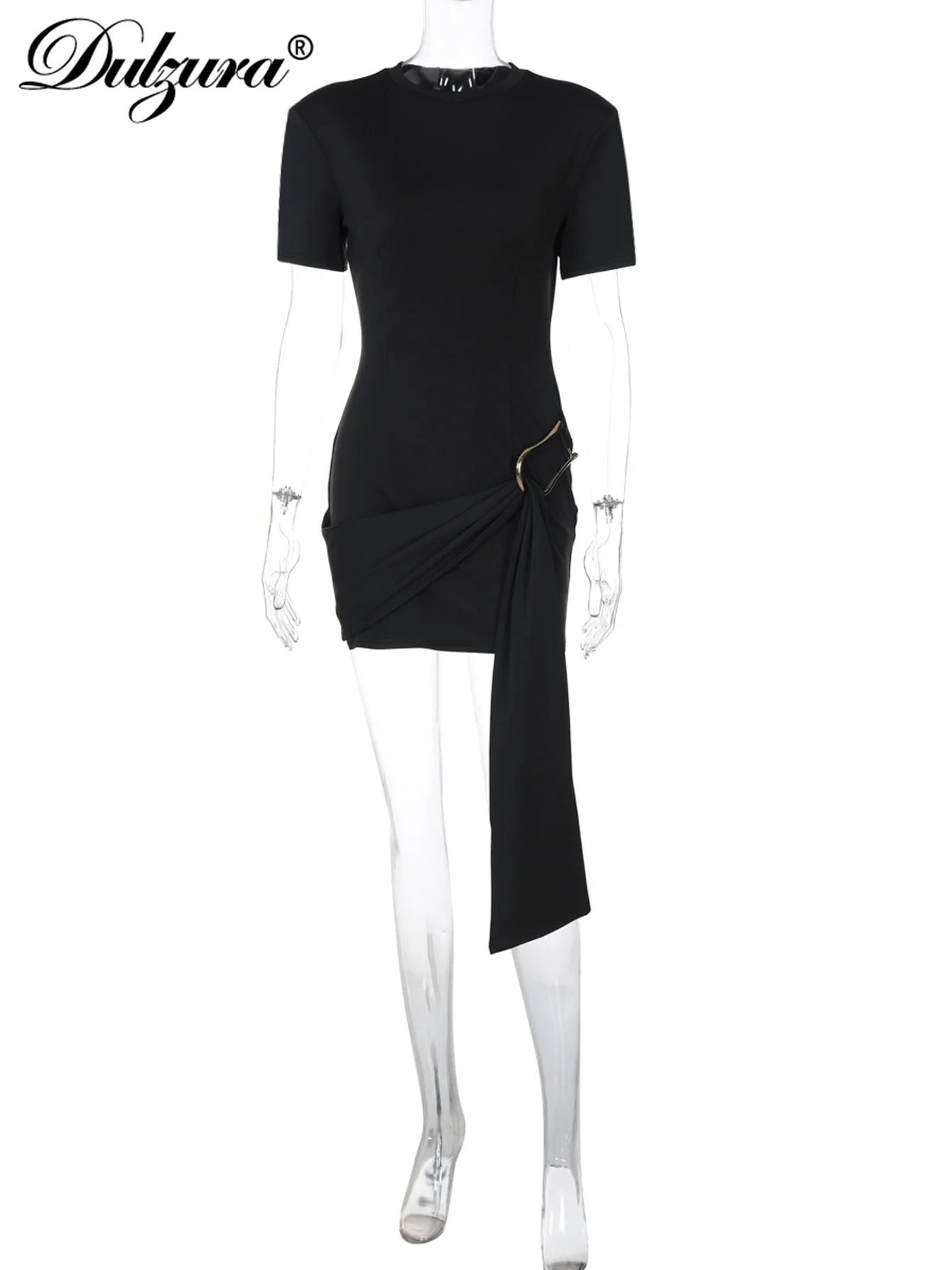 Dulzura O-Neck Short Sleeves Lace Up Bodycon Metal Button Mini Dress Solid Casual Elegant Short Dress Club Streetwear Outfit