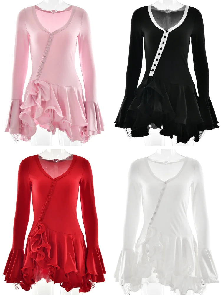 Absobe Women's A-Line Bodycon Mini Dress Ruffle Hem V-Neck Asymmetrical Buttons Long Sleeve Short Dress Party Streetwear Outfits