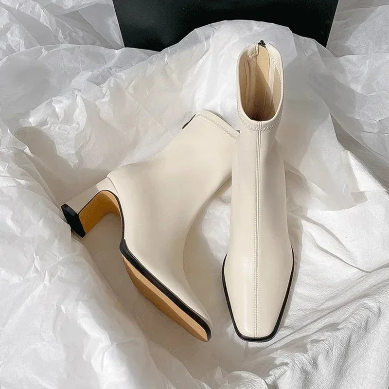 Botines de mujer vintage de algodón cálido, elegantes y a la moda, con punta cuadrada, tacón grueso, ideales para otoño e invierno.