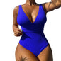 Contrast Mesh One Piece Swimsuit, V Neck Solid Color Backless Tummy Control High Cut Bathing Suit, Women's Swimwear & Clothing