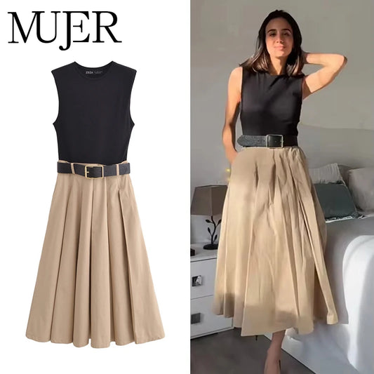 MUJER 2025 Woman Dresses Belt Pleated Midi Dress Women Sleeveless Summer Dress Woman Knitted Party Dresses for Women Sundress